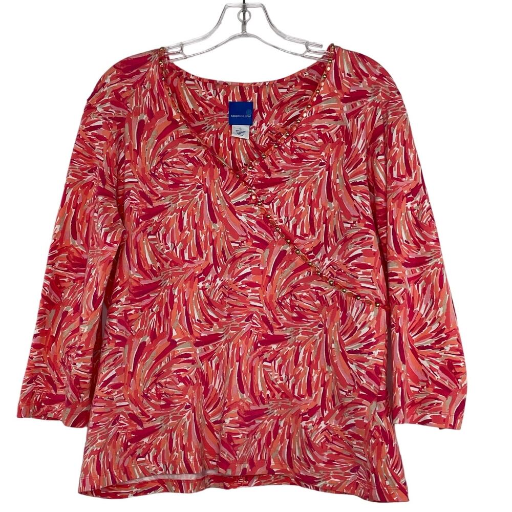 Sapphire Star Embellished Career Wear Blouse Orange Pink dressy size Large